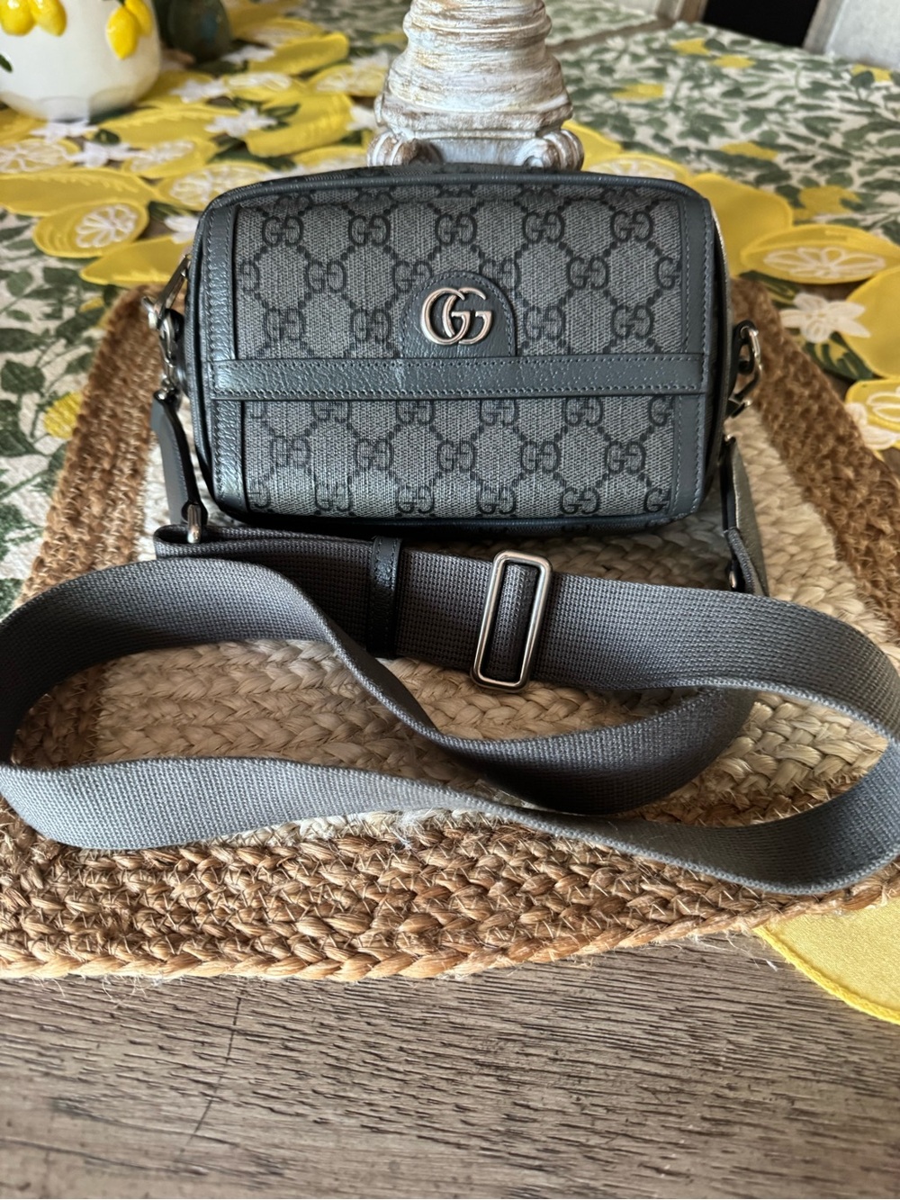 Like NEW Gucci GG Supreme Crossbody Bag in Charcoal Gray with Adjustable Srrap